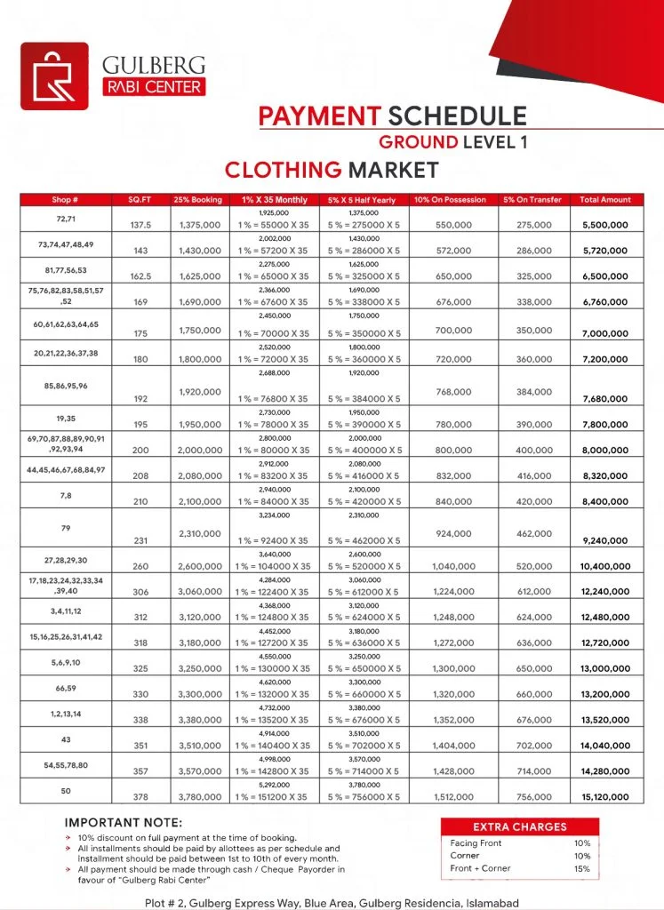 gulberg rabi center Islamabad Payment Plan Ground Level 1 - Clothing Market