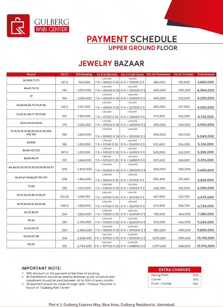 gulberg rabi center Islamabad Upper Ground Floor Payment Plan