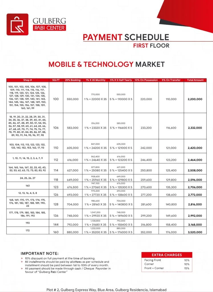 gulberg rabi center Islamabad First Floor Payment Plan