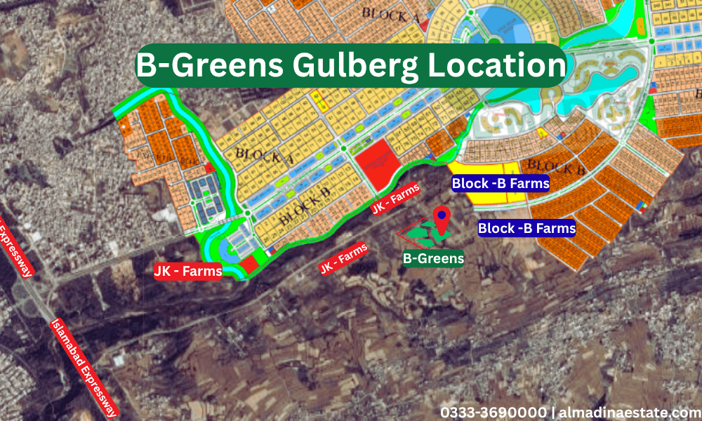 Location map highlighting B Greens 5 marla plots in Block B, Gulberg Greens Islamabad.