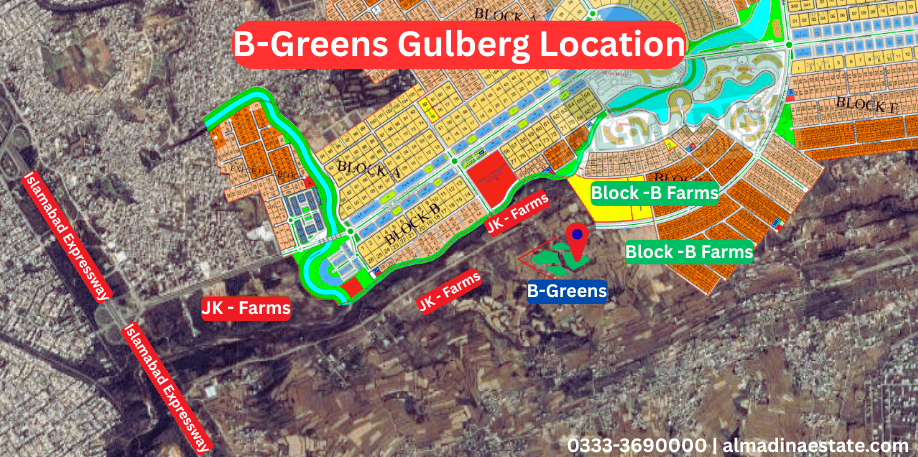 Location map of B Greens Gulberg Greens Islamabad showing 5 marla residential plots next to Block B farmhouses.