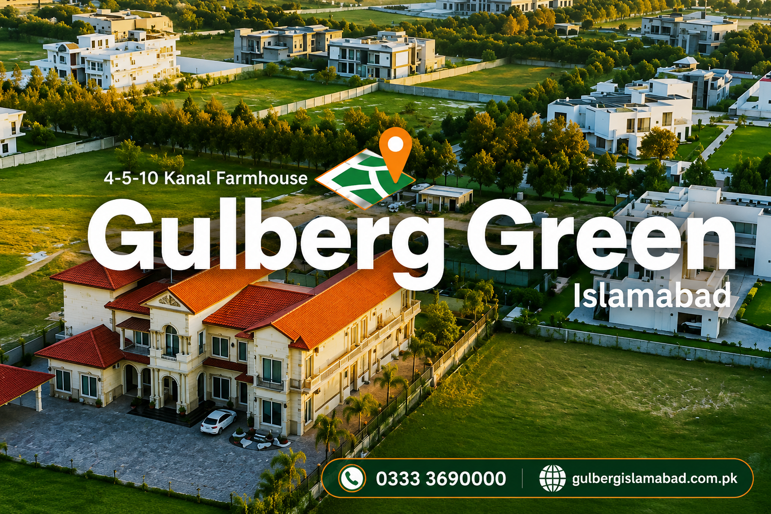 Gulberg Green Islamabad aerial view featuring luxury farmhouses, landscaped surroundings, and 4, 5, and 10 Kanal farmhouse plots.