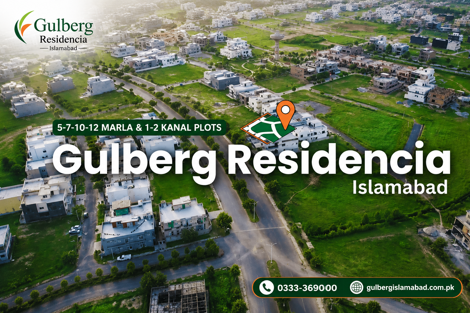 Gulberg Residencia Islamabad aerial view showing residential plots, developed blocks, roads, and modern housing community.